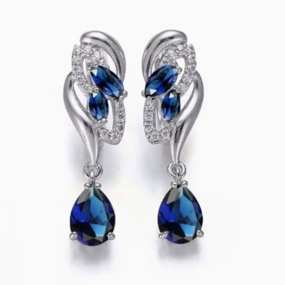 18k White Gold Plated Water Drop Sapphire Blue Diamond Earrings